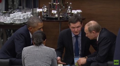 Photograph from RT. President Putin talks to US president Obama at G20 summit.