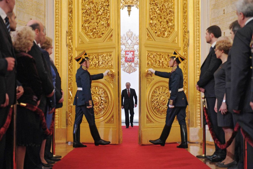 Russia's President Vladimir Putin (C) enters Andreyevsky (St.Andrew's ) Hall at the Great Kremlin Palace in Moscow?s Kremlin, on May 7, 2012, during his inauguration ceremony. Putin took his oath of office today to become Russia's president for a historic third mandate at a glittering ceremony inside the Kremlin. AFP PHOTO/ RIA-NOVOSTI/ ALEXEY DRUZHININ        (Photo credit should read ALEXEY DRUZHININ/AFP/GettyImages)