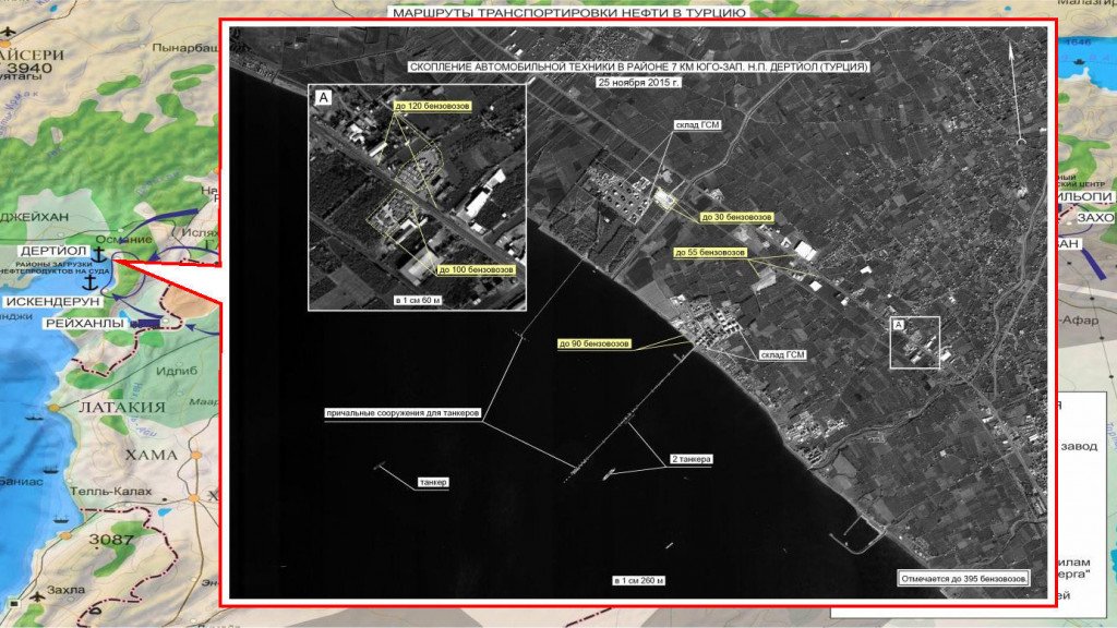 Concentration of vehicles near Dortyol in Turkey. Maximum available quality. (Still frames of the Russian Defense Ministry.)