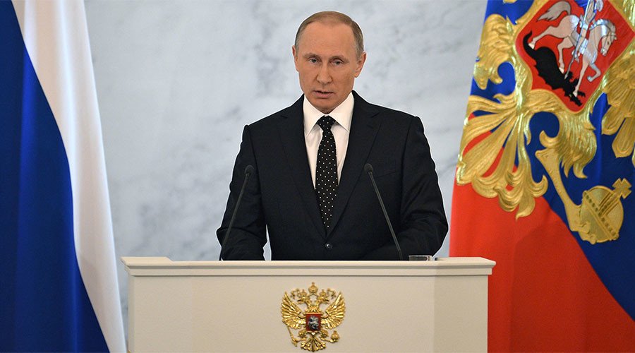 December 3, 2015. Russian President Vladimir Putin delivers his annual Presidential Address to the Federal Assembly at the Kremlin's St. George Hall. © Ramil Sitdikov / Sputnik