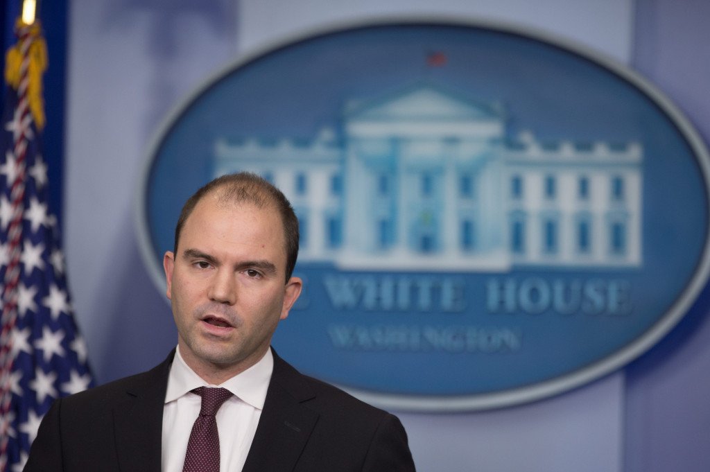 Ben Rhodes, Deputy National Security Adviser for Strategic Communications and Speechwriting speaks during a briefing on President Barack Obama's upcoming trip to Europe and Saudi Arabia, Friday, March 21, 2014, in the Brady Press Briefing Room of the White House in Washington.    (AP Photo/Manuel Balce Ceneta)