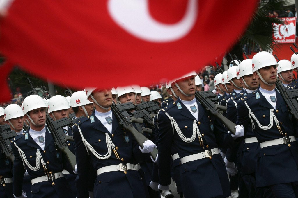 Turkish Army soldiers march in a military parade during the celebrations of the Republic Day in Istanbul, 29 October 2007. The Turkish Republic celebrated its 84th birthday against a backdrop of international tensions over its threat to send troops to northern Iraq to strike at Kurdish rebel bases there. Turkish forces have encircled 100 Kurdish rebels in a mountainous area near the border with Iraq, the Anatolia news agency reported today. AFP PHOTO / DIMITAR DILKOFF (Photo credit should read DIMITAR DILKOFF/AFP/Getty Images)