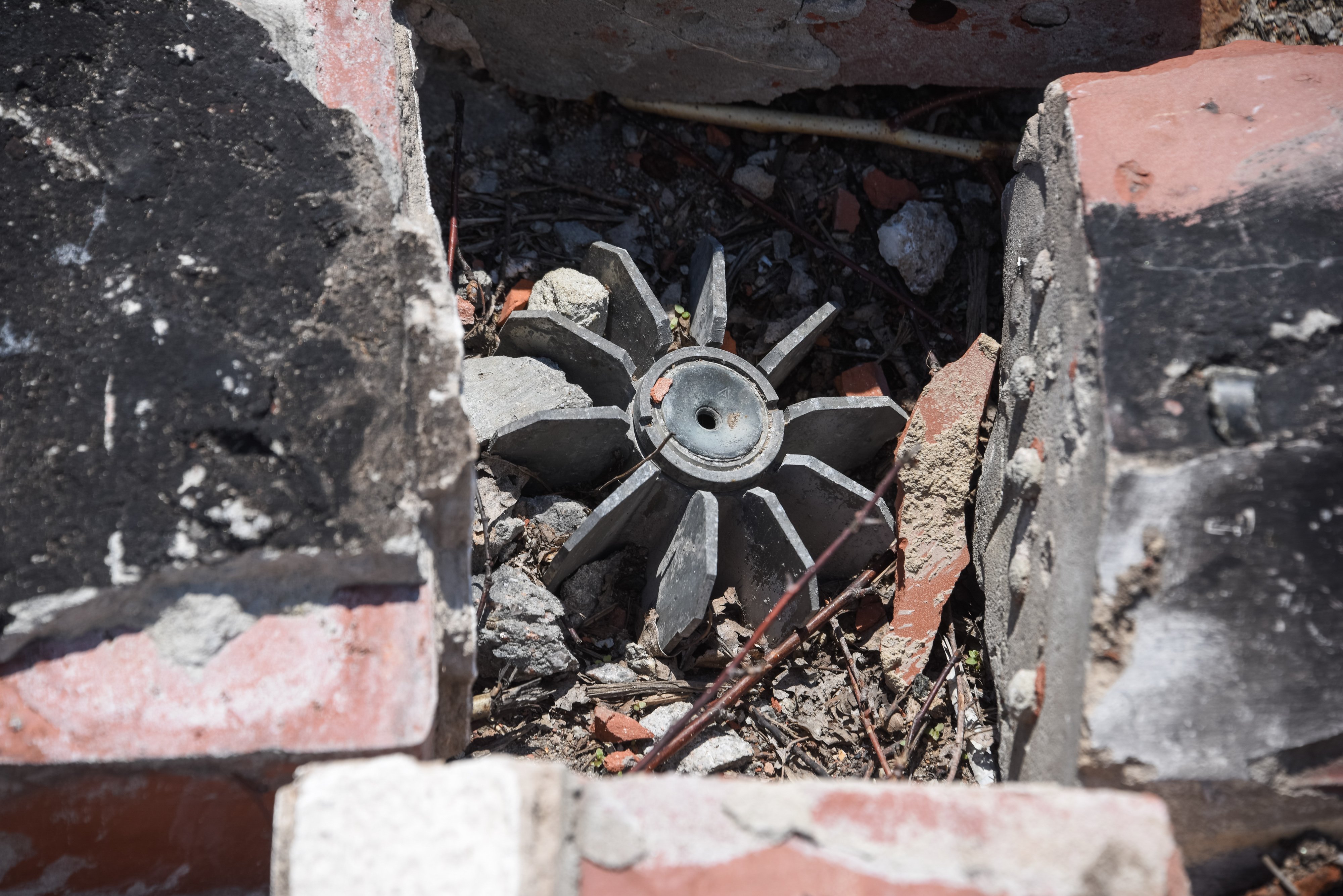 Tailpiece of 82-BM-37 calibre mortar shell in remains of an Eastern Orthodox church after shelling near Donetsk International Airport. Eastern Ukraine, 18 May 2015
