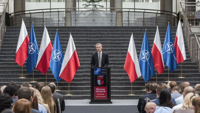 NATO Secretary General Jens Stoltenberg delivers a speech at Warsaw University