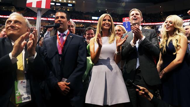 Donald Trump Jr. (2nd-L), along with Ivanka Trump (C), Eric Trump (2nd-R) and Tiffany Trump (R), take part in the roll call in support of Republican presidential candidate Donald Trump on the second day of the Republican National Convention on July 19, 2016 at the Quicken Loans Arena in Cleveland, Ohio.