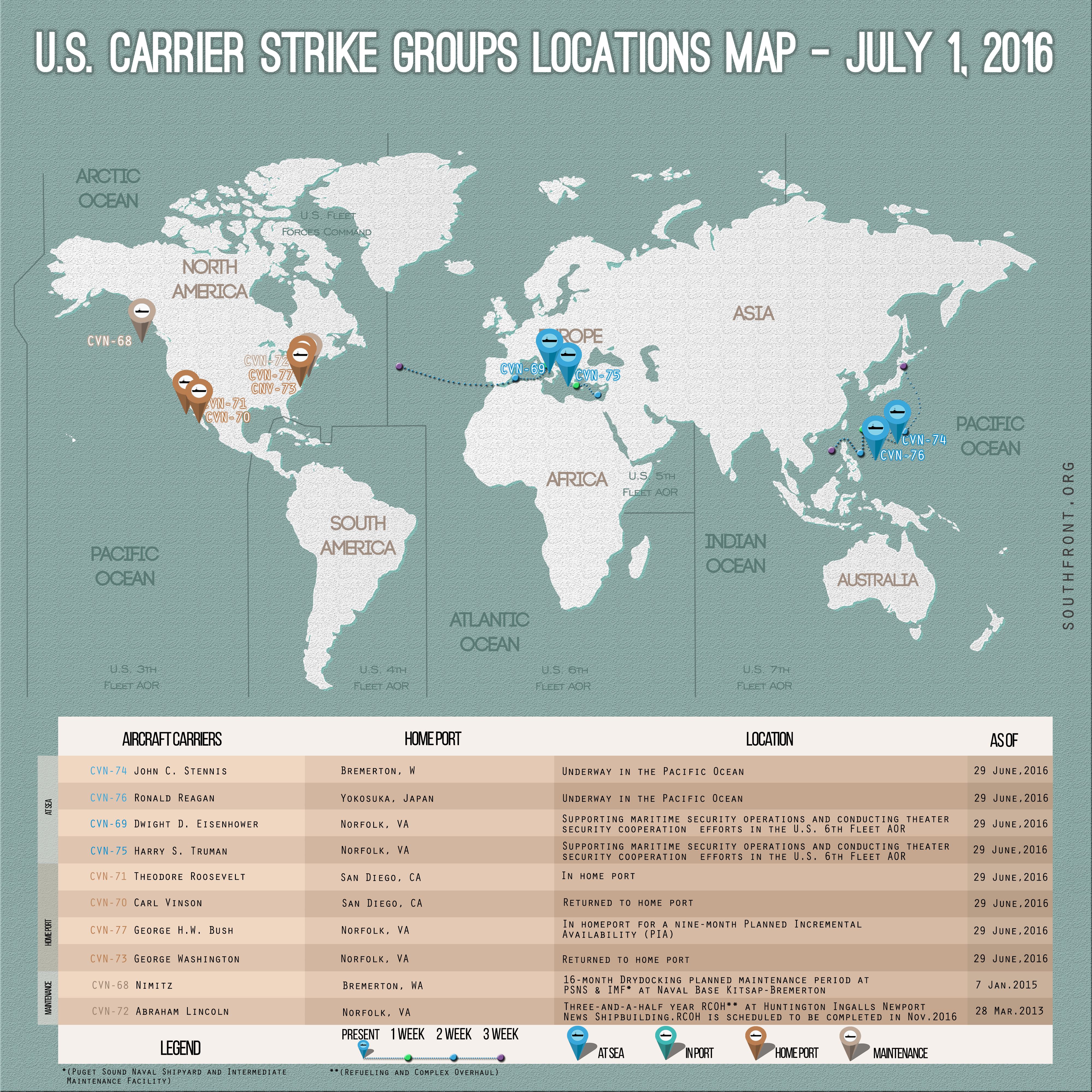 US Carrier Strike Groups Locations Map – July 1, 2016