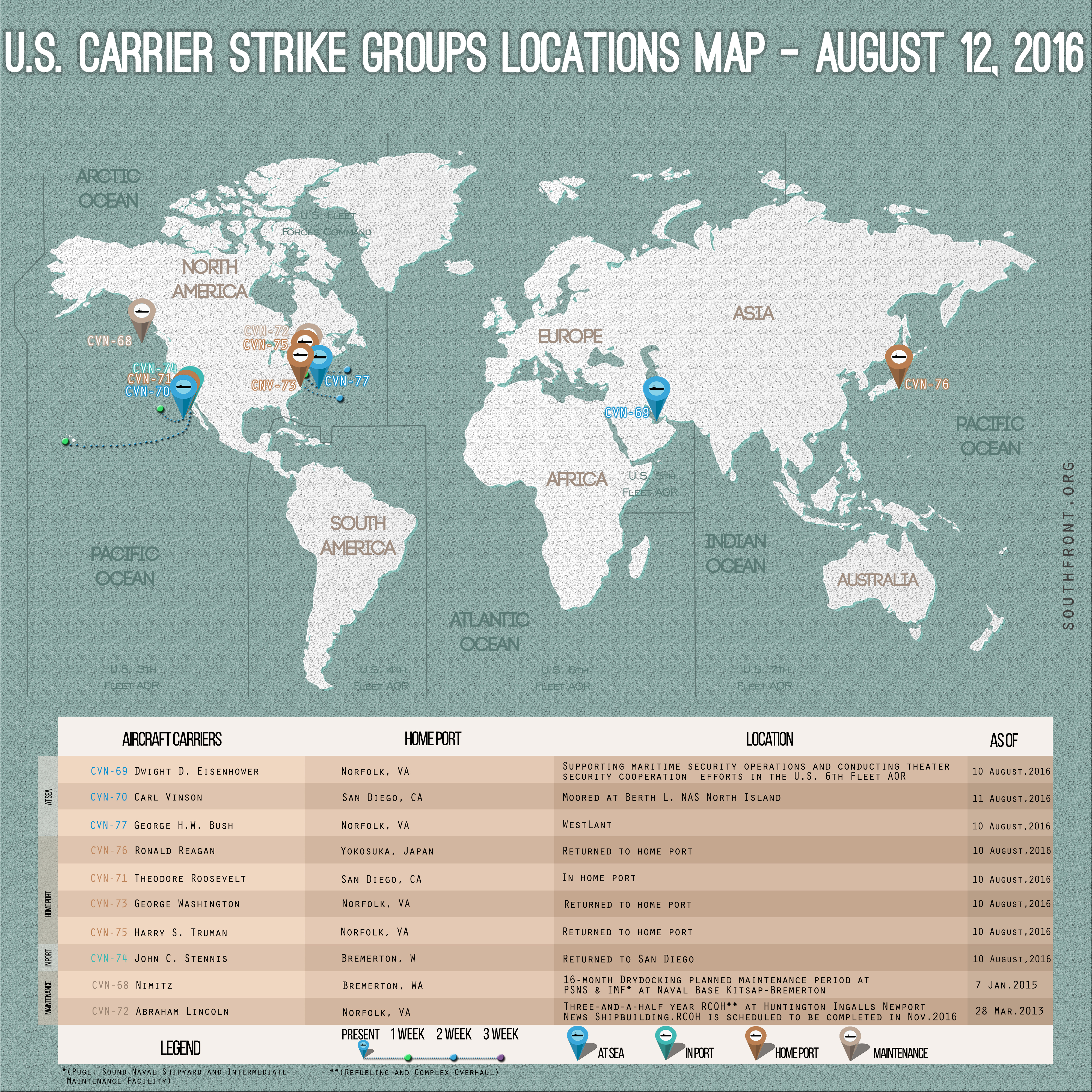 US Carrier Strike Groups Locations Map – August 12, 2016