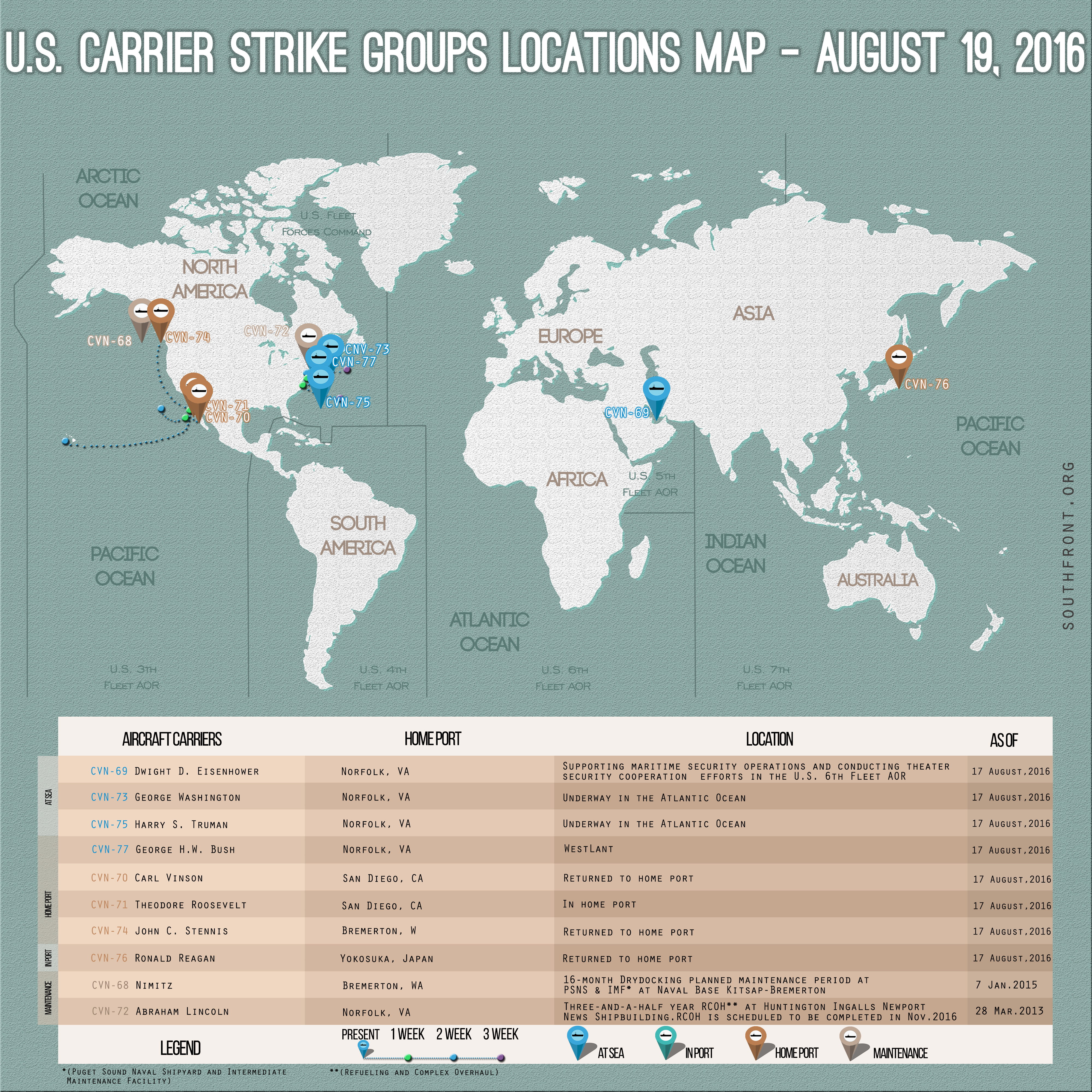 US Carrier Strike Groups Locations Map – August 19, 2016