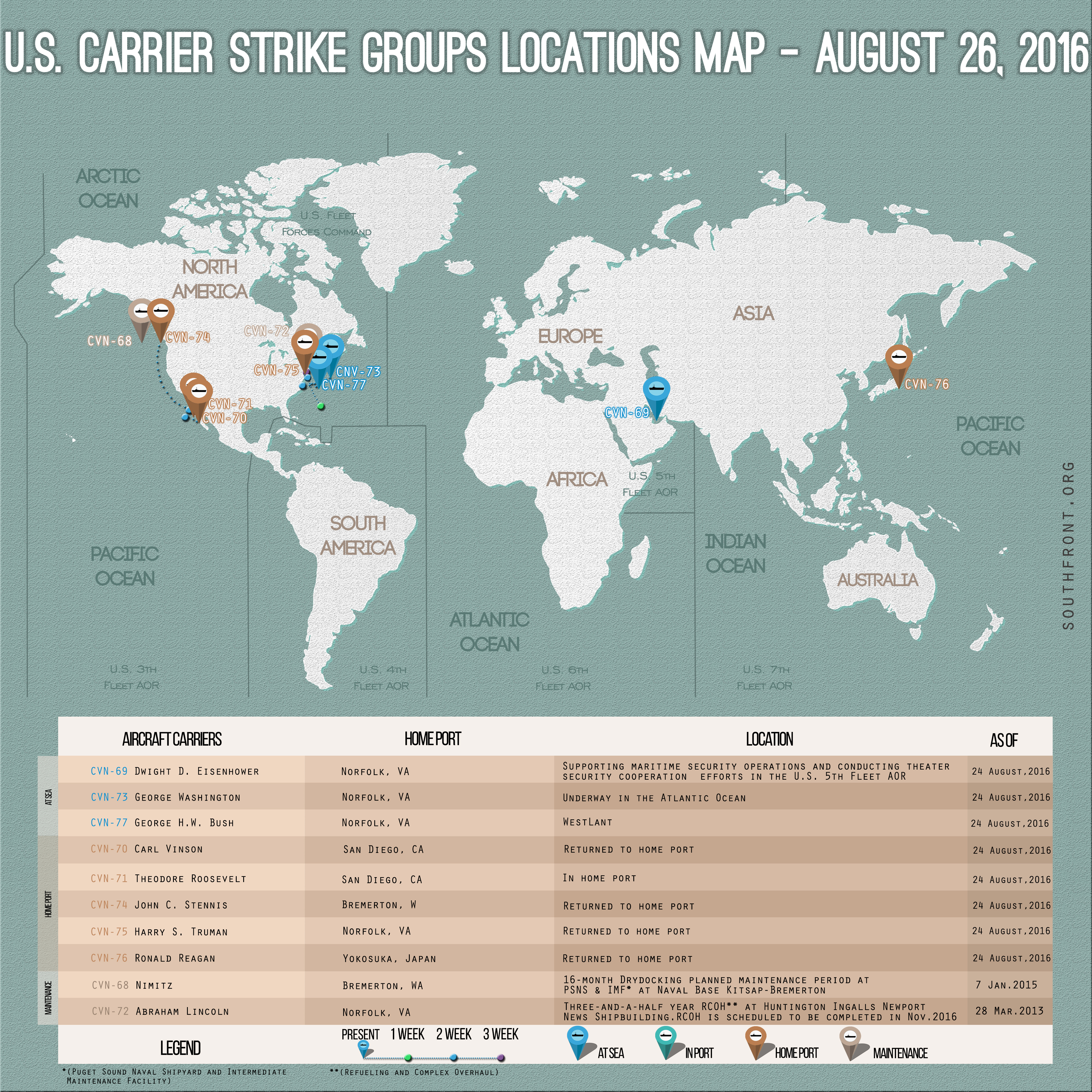 US Carrier Strike Groups Locations Map – August 26, 2016