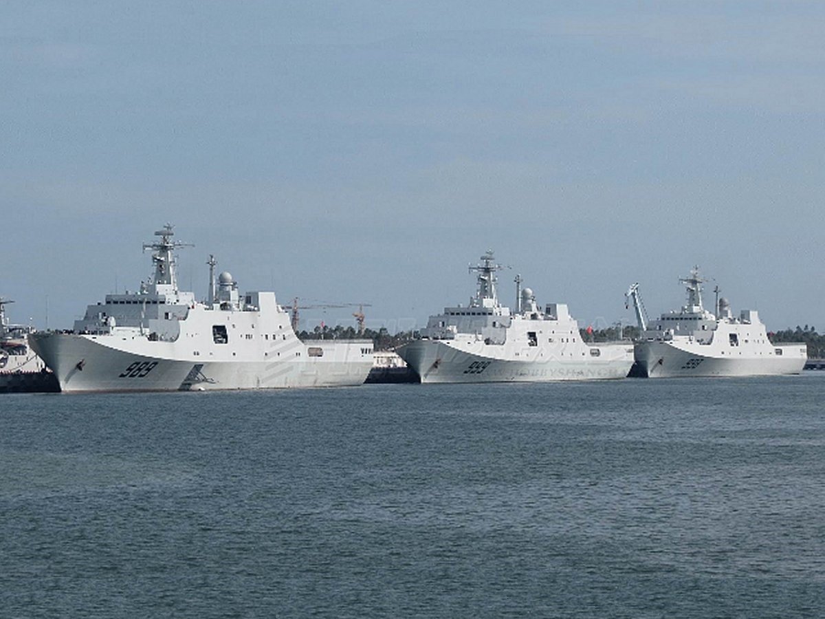 Three of the four Type 071 LPDs currently in service docked in southern China.
