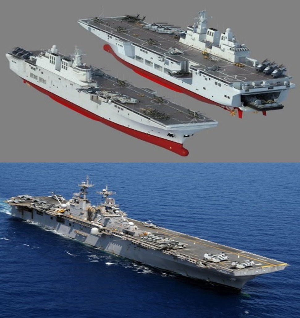 The Type 075 Class LHD Concept (top) in comparison to the U.S. Navy Wasp Class LHD (bottom) currently in service with the U.S. Navy.