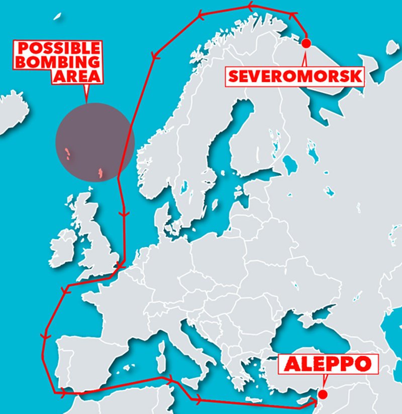 The map used by The Sun shows the route of the Russian Navy vessels ominously marked in bright red, including a possible “bombing area”. I assume this is the area where the fleet may conduct naval flight operations. I doubt they will actually be bombing seals and fishermen on the Shetland or Faroe Islands.