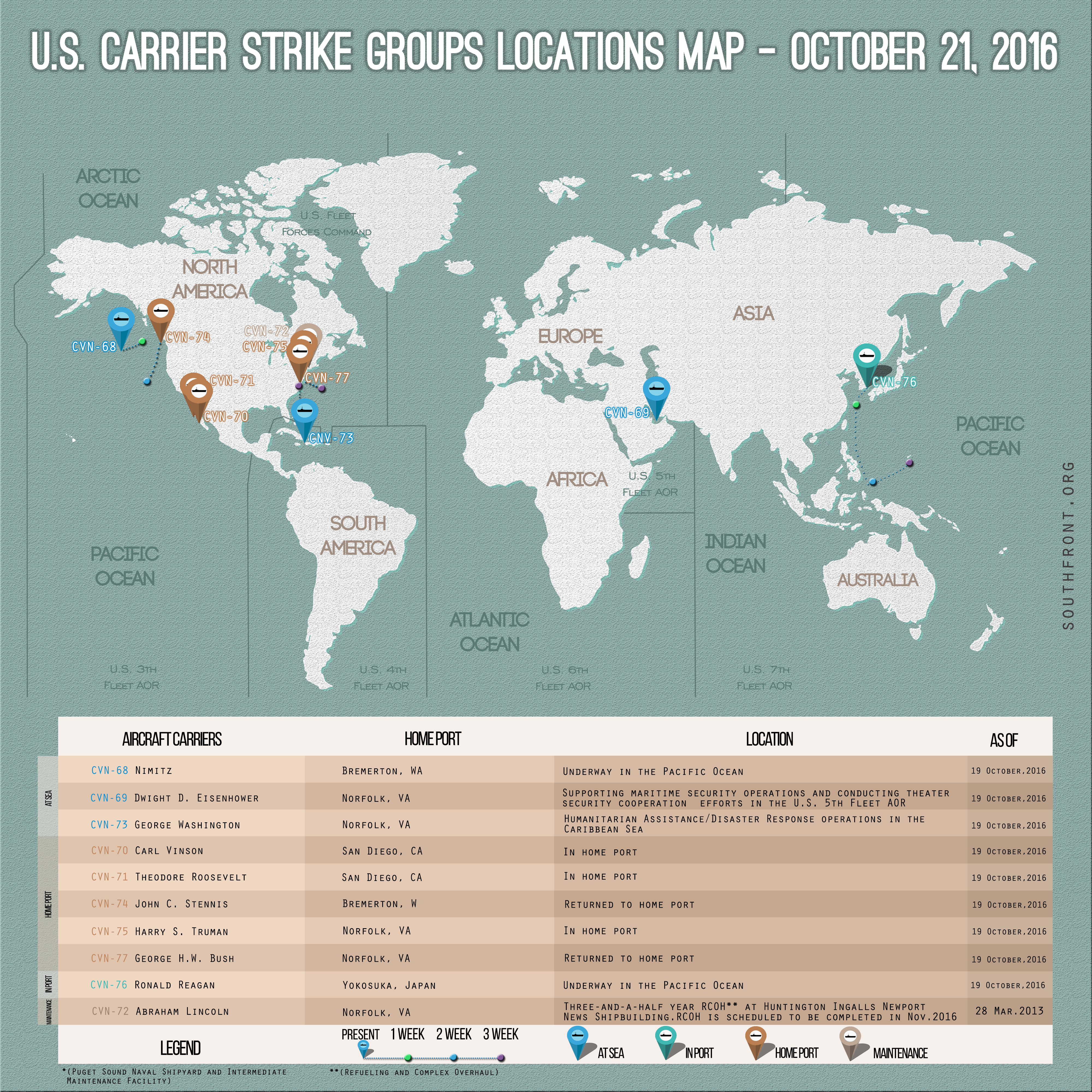 US Carrier Strike Groups Locations Map – October 21, 2016