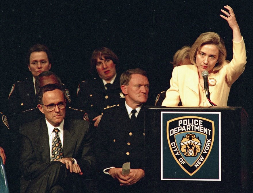 Hillary Clinton speaking at the 9th Annual Women in Policing Conference on August 11th, 1994. She spoke in support of the 1994 Violent Crime Control and Law Enforcement Act, which was signed into law by her husband, President Bill Clinton.
