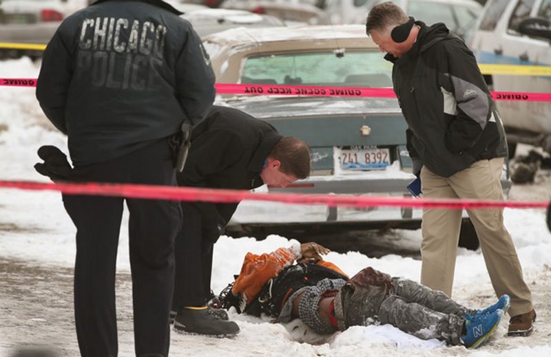 Chicago detectives inspecting the scene of one of the 501 murders of an African American in the city this year.