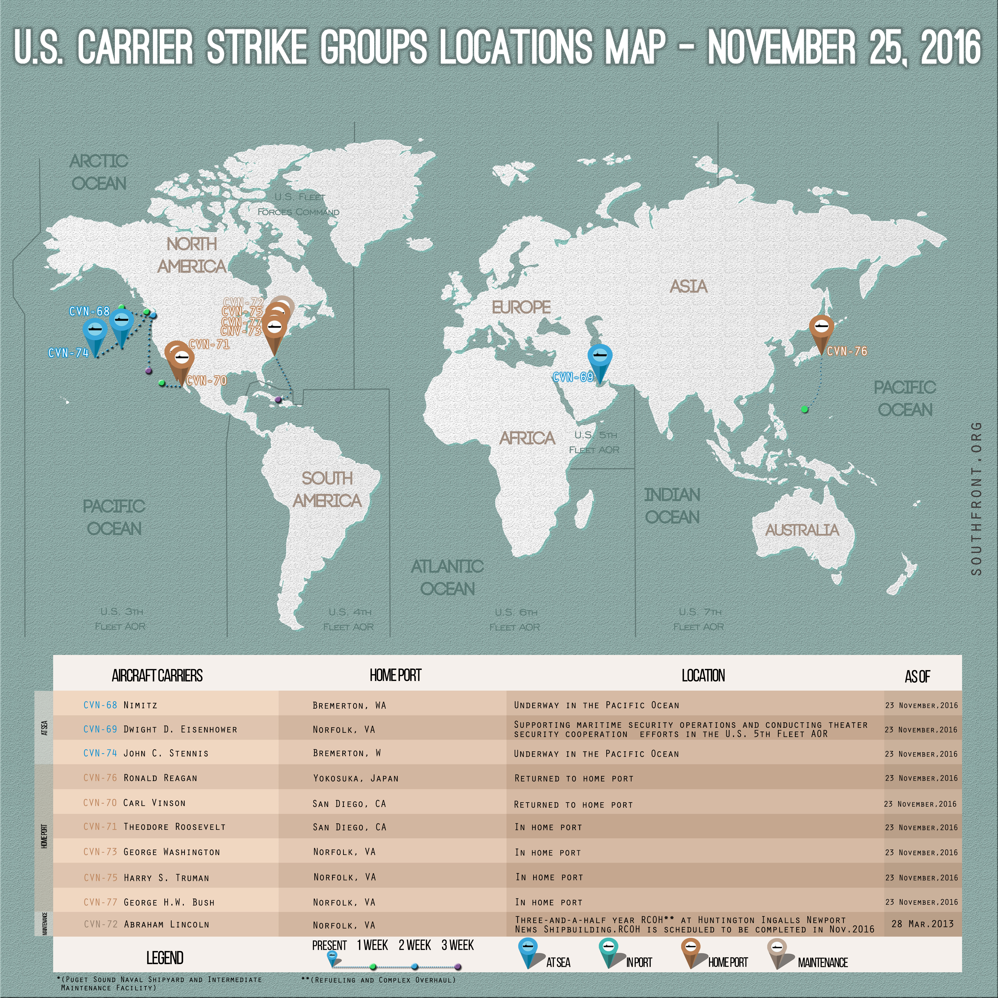 US Carrier Strike Groups Locations Map – November 25, 2016