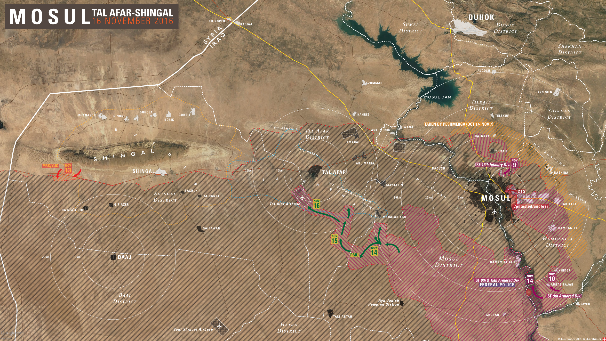 Fig. 7 Coalition troops progress by November 16, 2016. Map source: @LCarabinier/Twitter