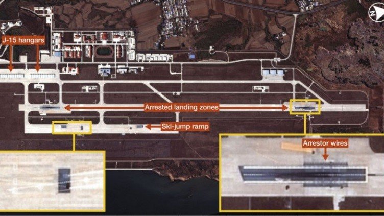 The Huangdicun Airbase. There are two sets of ski-jump ramps and two arrested landing areas.