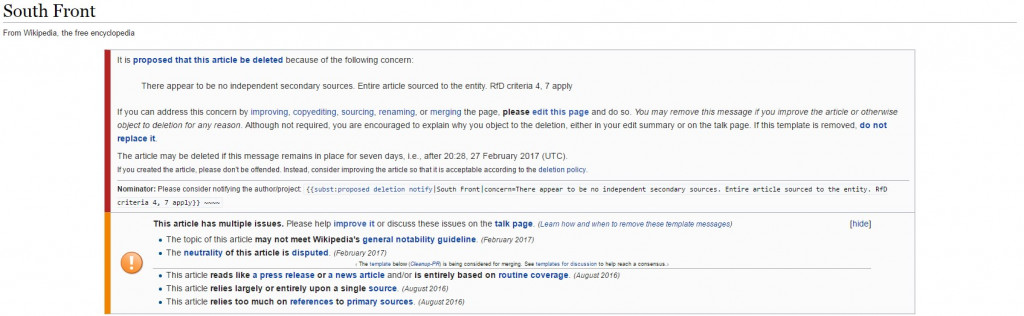 Open Letter Concerning Wikipedia Suppression of SouthFront Information