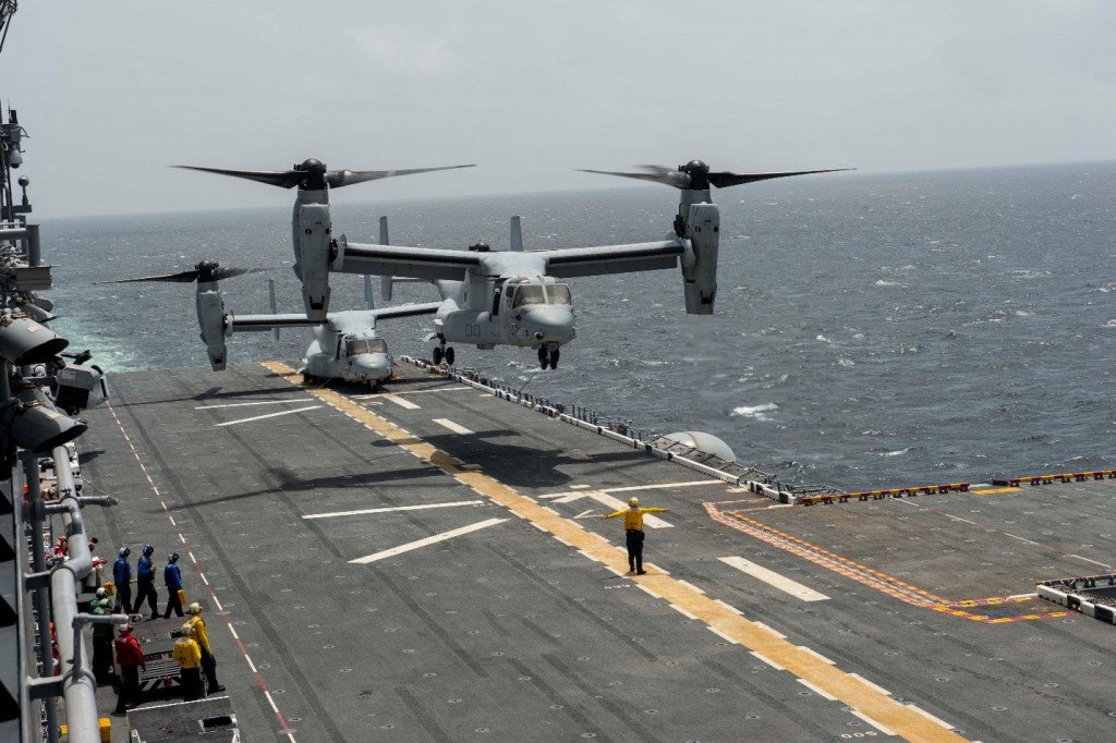 V-22 Osprey tilt-rotor aircraft operating from the USS America LHA-6. Although costing over three times as much as a modern helicopter, these aircraft possess a much higher payload capacity and three times greater range on average.