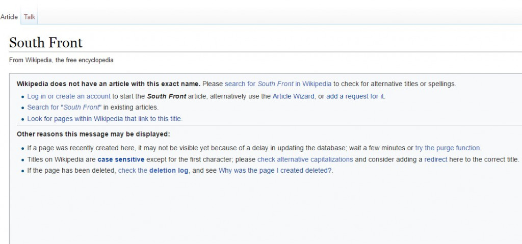 Wikipedia Entry On SouthFront Was Deleted