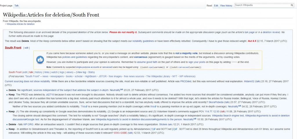 Wikipedia Entry On SouthFront Was Deleted