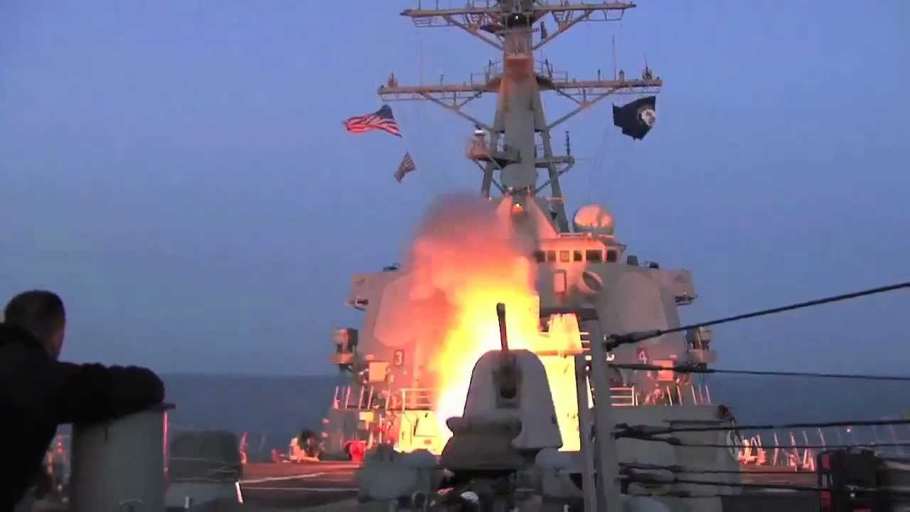 The US Navy's destroyer launches a Tomahawk cruise missile