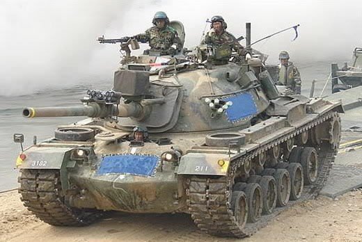 M48A5K2 (the K1 is fitted with side skirts) during a river crossing training operation. Although an older tank design, the updated M48A5K tanks are very well suited to the mountainous terrain that makes up 70% of the Korean peninsula, and they afford a good balance of mobility, firepower and armor protection when considering the majority of tanks that they are likely to face in combat.