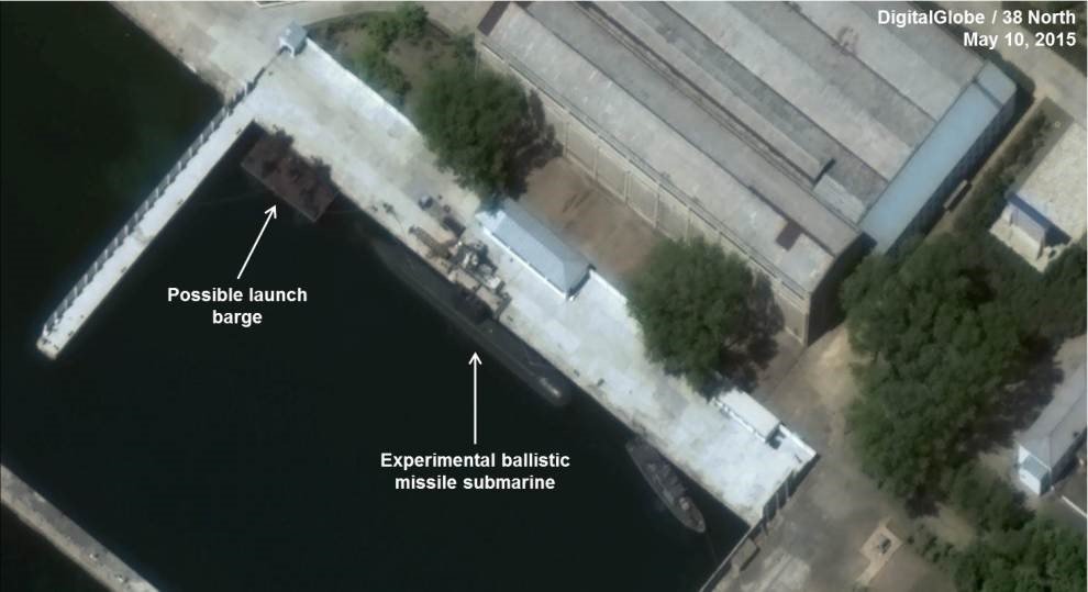Satellite imagery of the Sinpo South Shipyard SLBM test site in North Korea. Note the submersible launch barge and what appears to be the first Sinpo Class (Gorae) SSB. Whether this submarine is capable of being armed with an SLBM is very much in doubt.