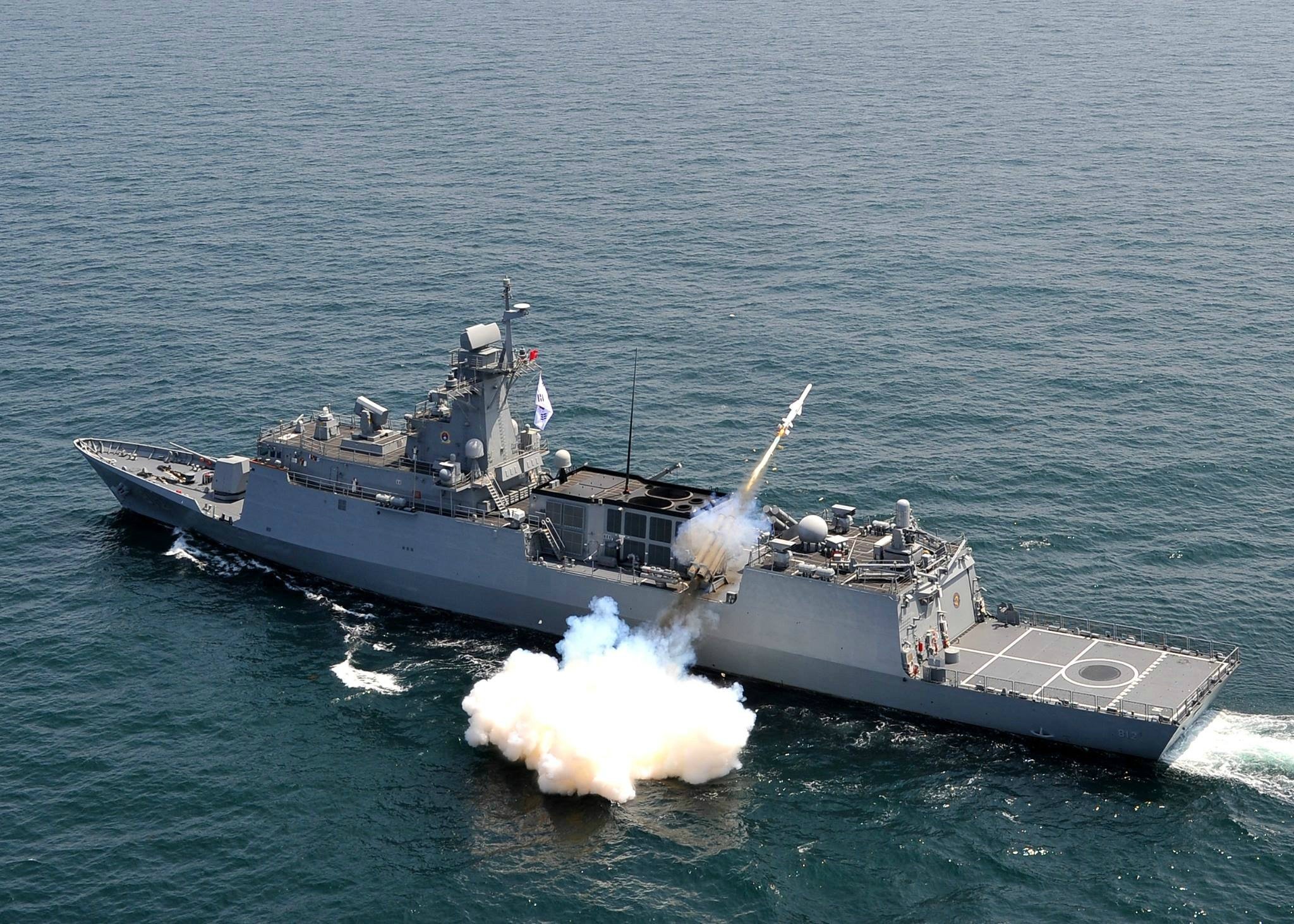 Incheon Class frigate firing a Hae Sung (Sea Star) SSM-700K anti-ship missile from its port side quad launcher.