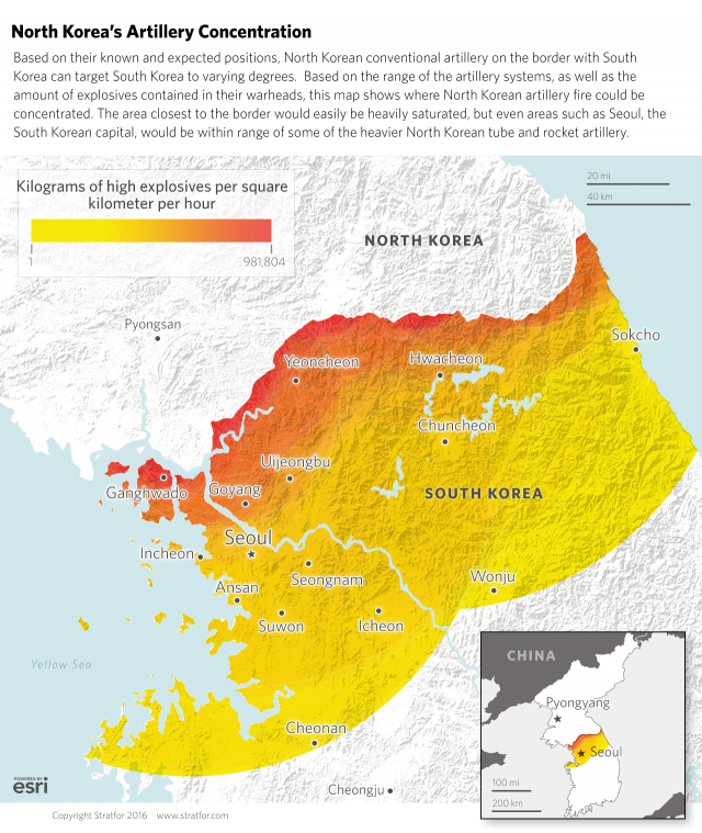 The map shows the estimated range and theoretical concentration of explosives from a massive DPRK bombardment of the ROK.