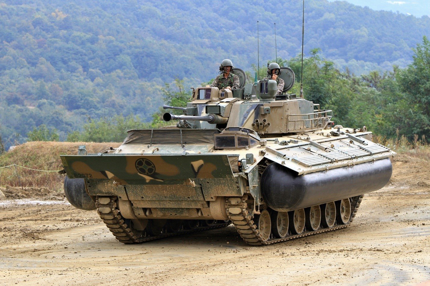 K-21 with waterproof screens and swim floats deployed. The need for this added equipment is a weakness in the vehicle design that Doosan Infracore is still working to correct.