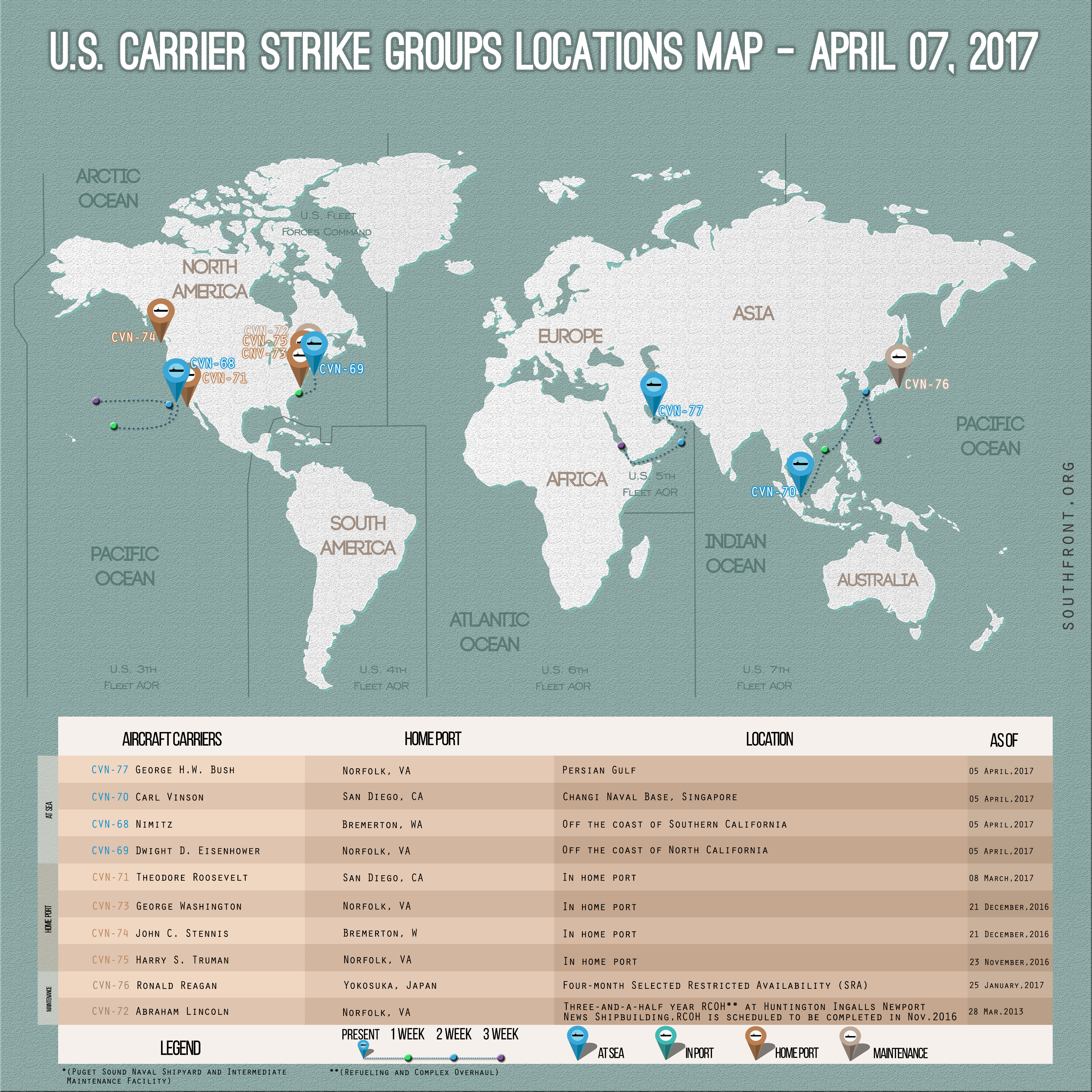 US Carrier Strike Groups Locations Map – April 7, 2017