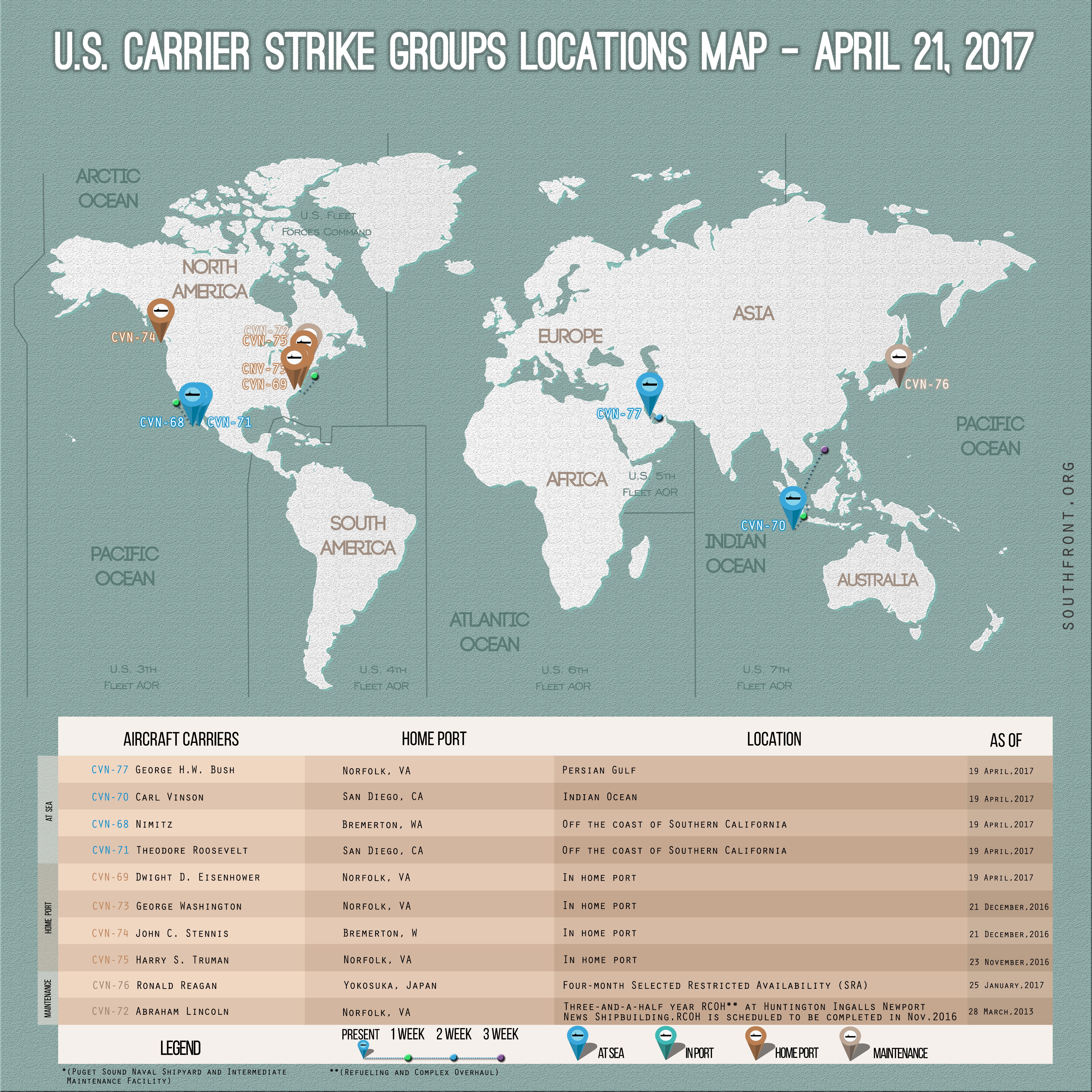 US Carrier Strike Groups Locations Map – April 21, 2017