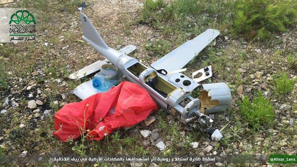 An alleged Russian reconnaissance drone downed by Ahrar al-Sham in northern Latakia