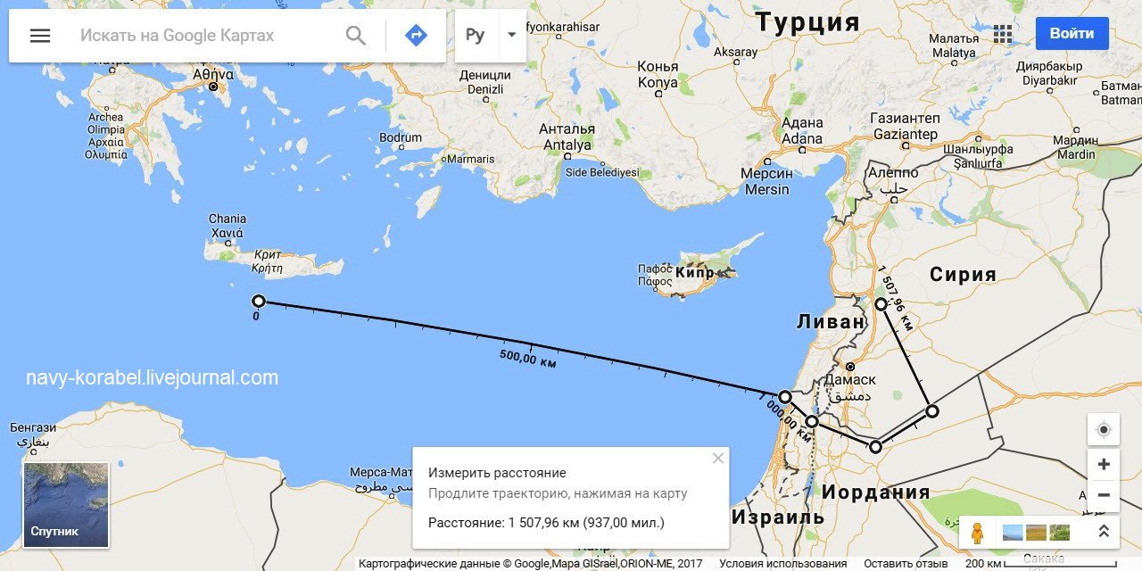 3. Alleged route of the Tomahawks flight April 7, 2017 (point of launch, according to the announcement in reference 1)