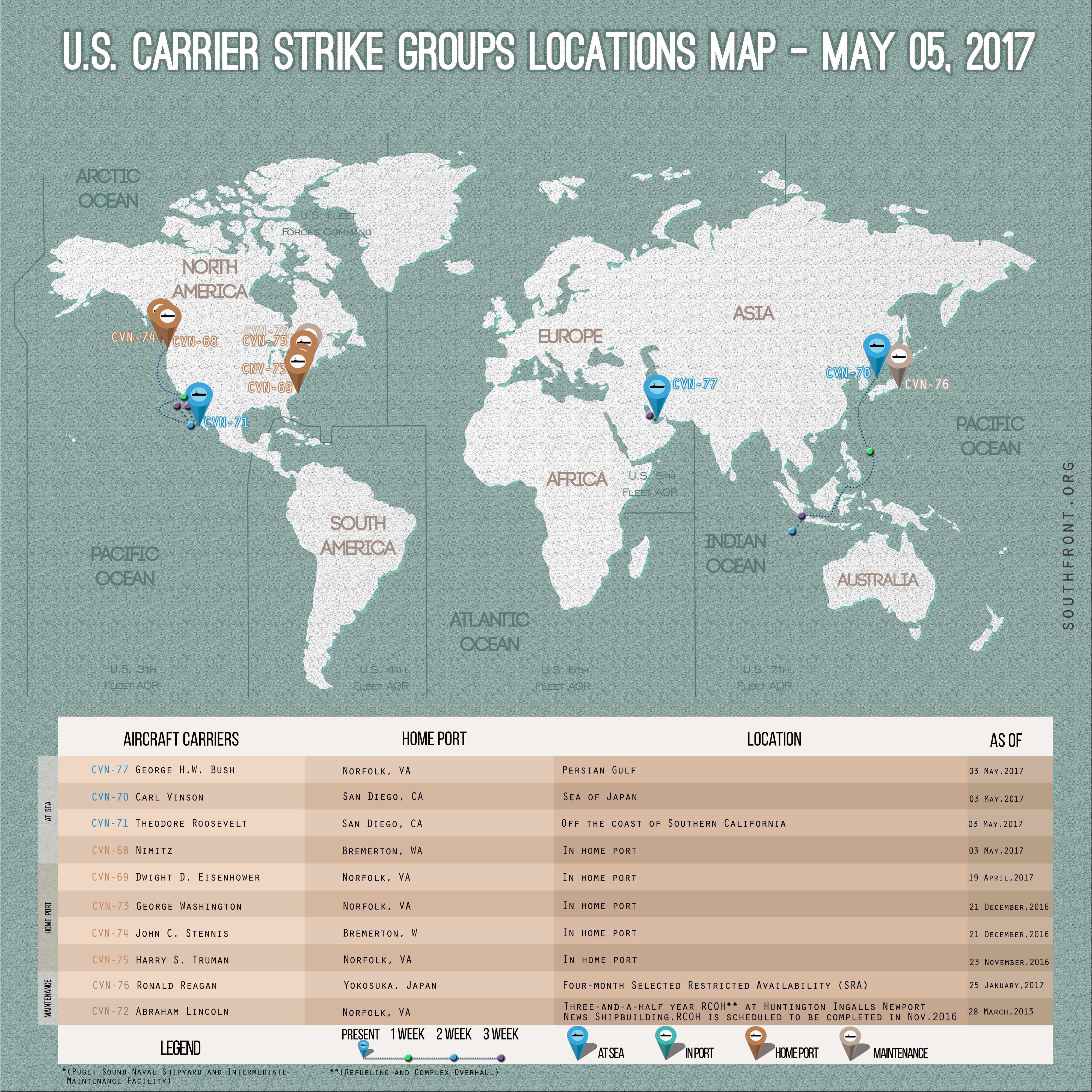 US Carrier Strike Groups Locations Map – May 5, 2017