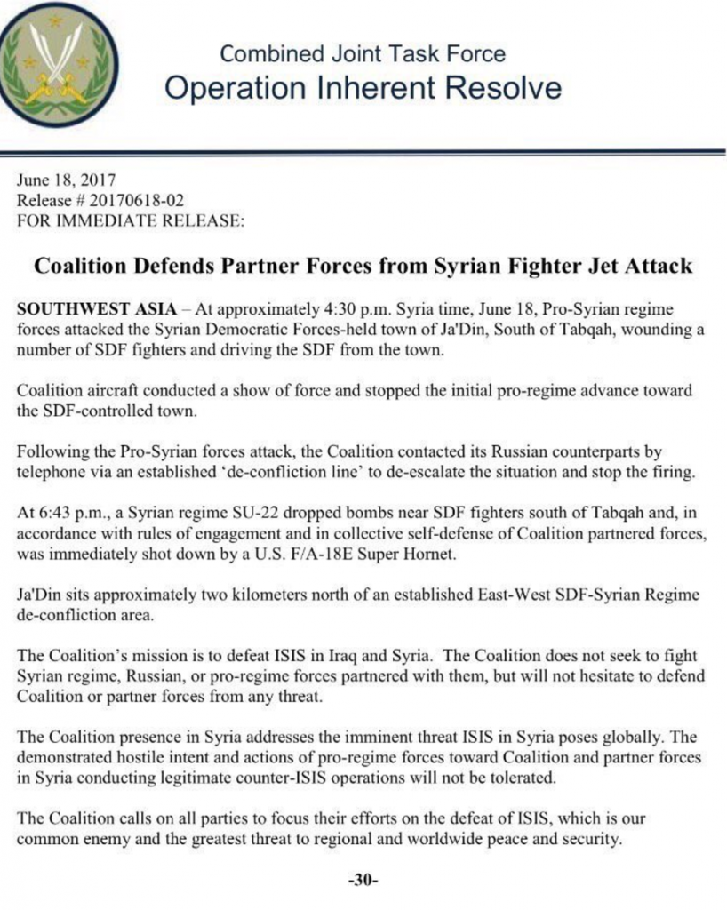 USAF Shot Down Syrian Su-22 Fighter Bomber Near Ja’Din in Raqqa province
