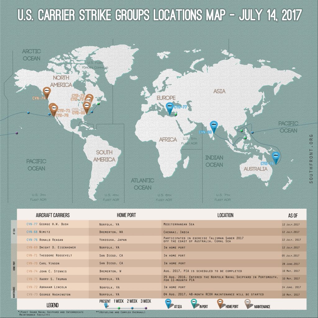 US Carrier Strike Groups Locations Map – July 14, 2017