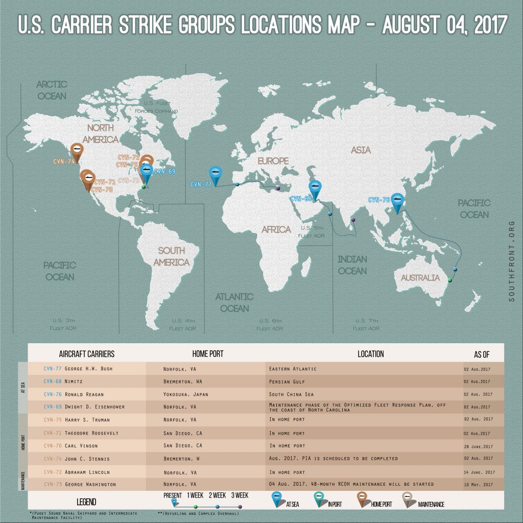 US Carrier Strike Groups Locations Map – August 4, 2017