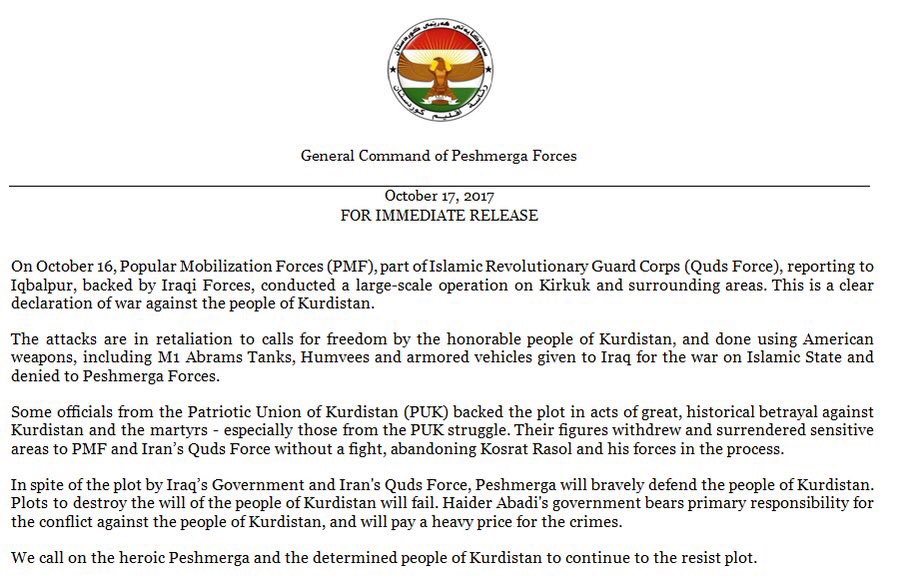 US-led Coalition Rejects KRG Claims That "Iranian Revolutionary Guard Corps" Spearheaded Iraqi Government Advannce In Kirkuk Area