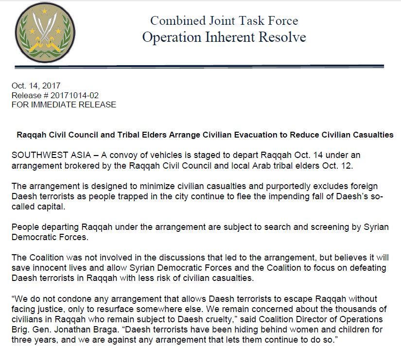 US-Led Coalition Confirms: Syrian Democratic Forces Reached Deal With ISIS In Raqqa City