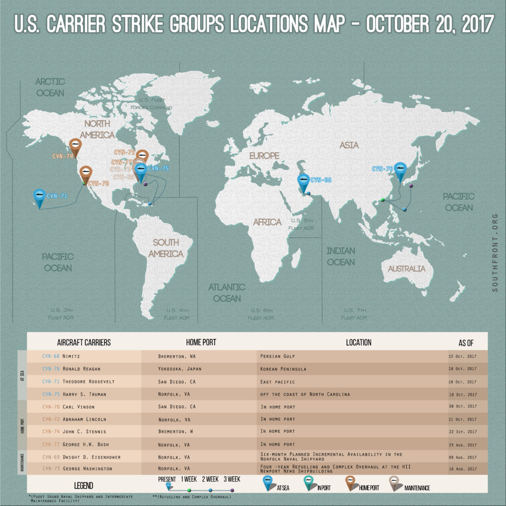 US Carrier Strike Groups Locations Map – October 20, 2017