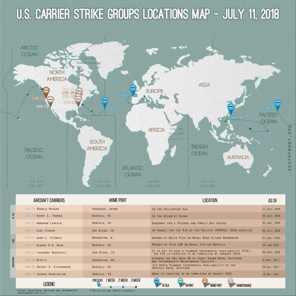 US Carrier Strike Groups Locations Map – July 11, 2018
