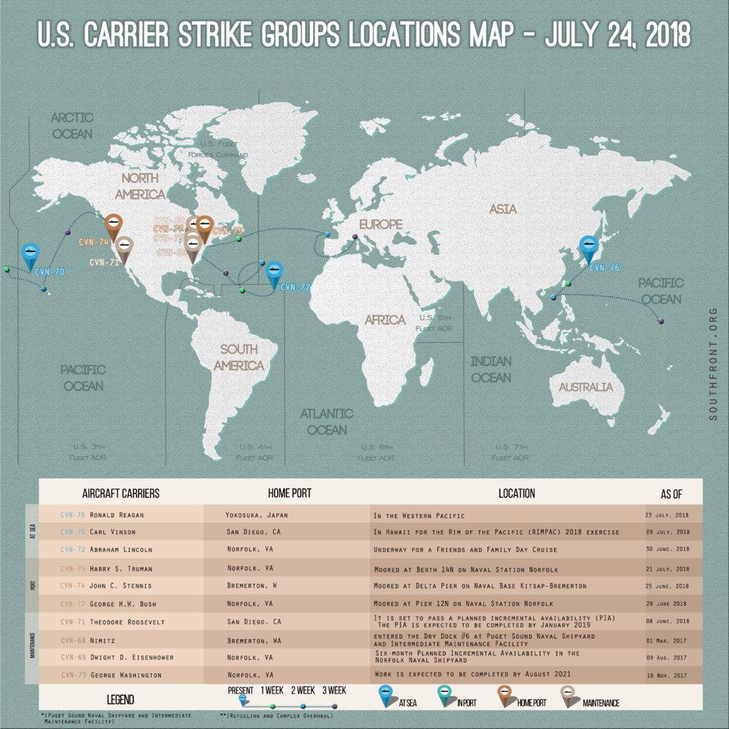 US Carrier Strike Groups Locations Map – July 24, 2018