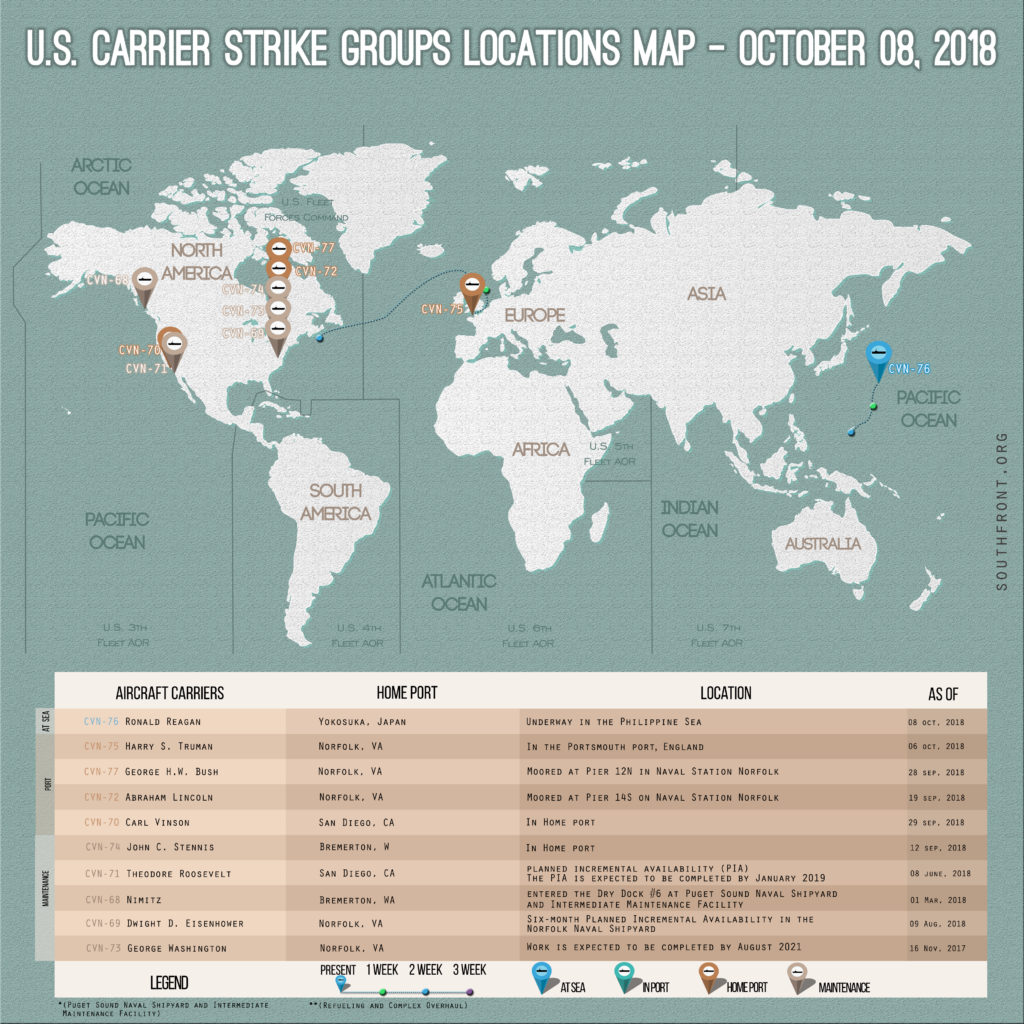 US Carrier Strike Groups Locations Map – October 8, 2018