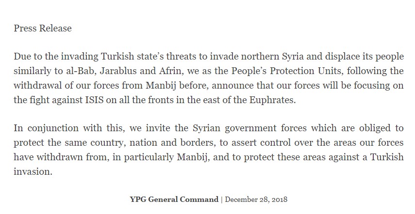 YPG Surrenders Manbij To Syrian Army (Official Statement)