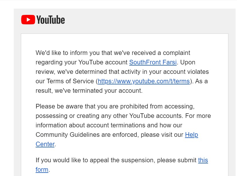 Appeal Of SouthFront Steering Committee Regarding Censorship On YouTube And Facebook