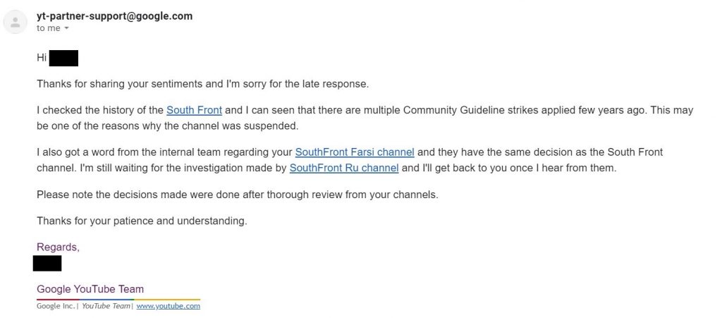 A New Episode In 'SouthFront Censorship On YouTube' Series