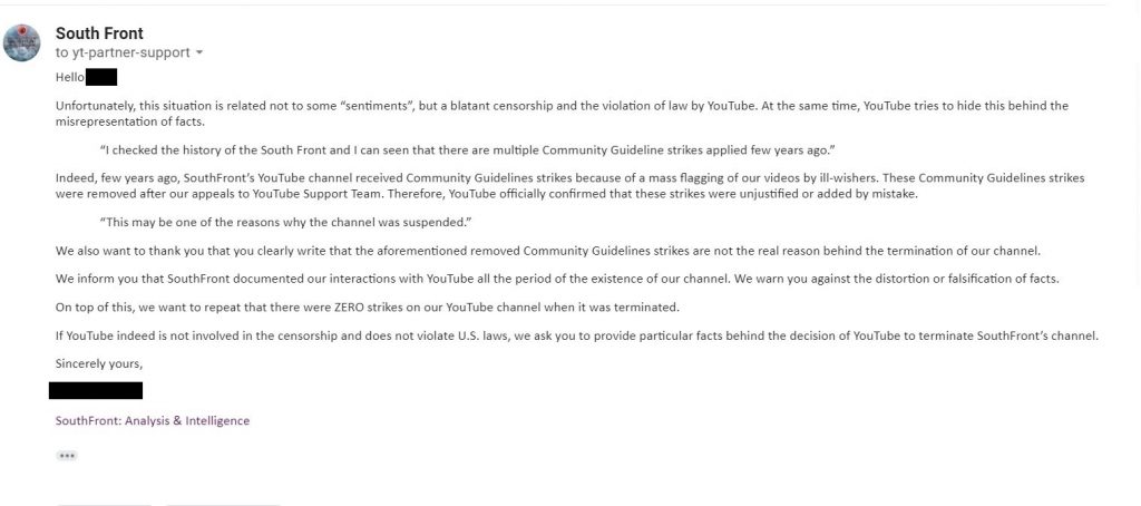 YouTube's Agressive Censorship Campaign Against SouthFront Continues